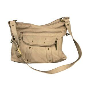 Leather shoulder  Bag With Adjustable Strap & Multiple Compartments Beige